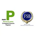 Green and black electrical safety logo next to the Blue and gold FSB logo