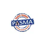 PASMA Logo: blue circle with red text running through and a blue block in the middle with PASMA written on