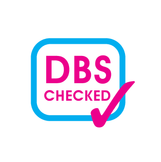 DBS checked logo with pink text surrounded by a blue square with rounded edges