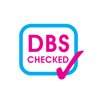 DBS checked logo with pink text surrounded by a blue square with rounded edges